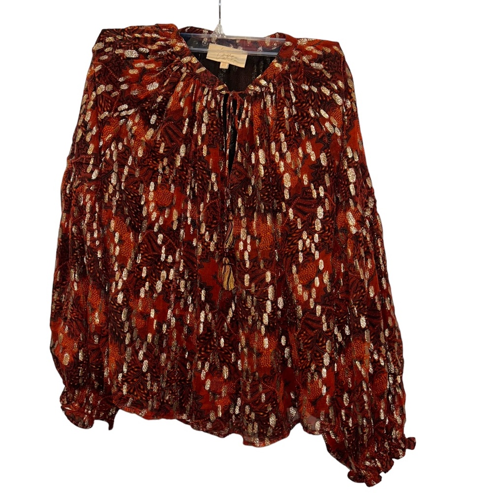 Love the Label rich summer floral Burgundy metallic gold print tunic top S